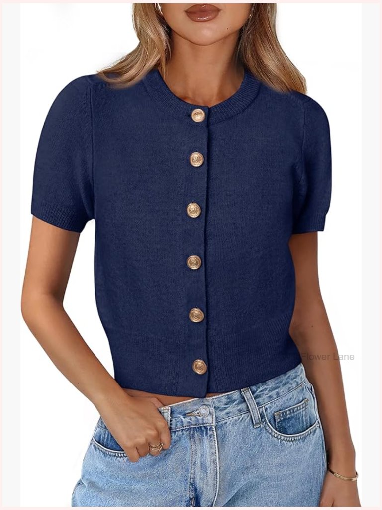 Short Sleeve Button Down Knit Crop Cardigan Crew Neck Summer Sweater